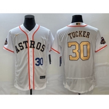 Men's Houston Astros #30 Kyle Tucker Number 2023 White Gold World Serise Champions Flex Base Stitched Jersey