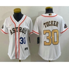 Women's Houston Astros #30 Kyle Tucker Number 2023 White Gold World Serise Champions Cool Base Stitched Jersey