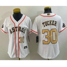 Women's Houston Astros #30 Kyle Tucker Number 2023 White Gold World Serise Champions Cool Base Stitched Jerseys