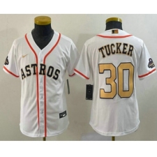 Youth Houston Astros #30 Kyle Tucker 2023 White Gold World Serise Champions Cool Base Stitched Jersey