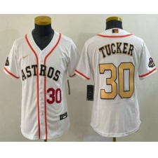 Youth Houston Astros #30 Kyle Tucker Number 2023 White Gold World Serise Champions Cool Base Stitched Jersey
