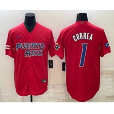 Men's Puerto Rico Baseball #1 Carlos Correa 2023 Red World Baseball Classic Stitched Jerseys