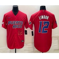 Mens Puerto Rico Baseball #12 Francisco Lindor Number 2023 Red World Baseball Classic Stitched Jersey