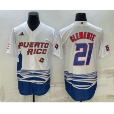 Men's Puerto Rico Baseball #21 Roberto Clemente 2023 White World Baseball Classic Stitched Jersey