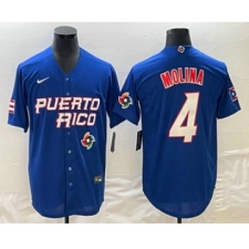 Men's Puerto Rico Baseball #4 Yadier Molina 2023 Blue World Baseball Classic Stitched Jersey
