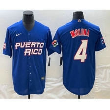 Men's Puerto Rico Baseball #4 Yadier Molina 2023 Blue World Baseball Classic Stitched Jerseys