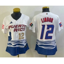Womens Puerto Rico Baseball #12 Francisco Lindor Number 2023 White World Classic Stitched Jersey