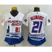 Women's Puerto Rico Baseball #21 Roberto Clemente Number 2023 White World Classic Stitched Jersey