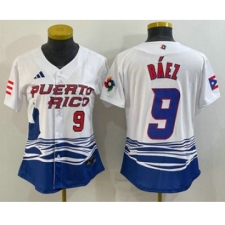 Women's Puerto Rico Baseball #9 Javier Baez Number White 2023 World Baseball Classic Stitched Jersey
