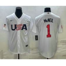 Men's USA Baseball #1 Jeff McNeil 2023 White World Classic Stitched Jersey