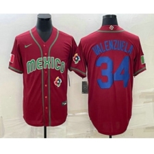 Mens Mexico Baseball #34 Fernando Valenzuela 2023 Red Blue World Baseball Classic Stitched Jersey