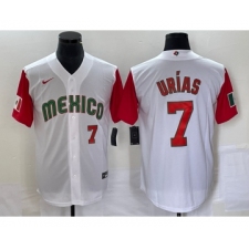 Men's Mexico Baseball #7 Julio Urias Number 2023 White Red World Classic Stitched Jersey 19