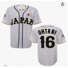 Men's  Japan #16 Ohtani Hip Hop Short Sleeves Baseball Jersey Black White Mix Stripe Stitched