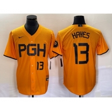 Men's Nike Pittsburgh Pirates #13 KeBryan Hayes Number Gold 2023 City Connect Stitched Jersey1