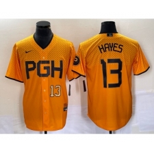Men's Nike Pittsburgh Pirates #13 KeBryan Hayes Number Gold 2023 City Connect Stitched Jersey2