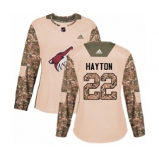 Women's Adidas Arizona Coyotes #22 Barrett Hayton Authentic Camo Veterans Day Practice NHL Jersey
