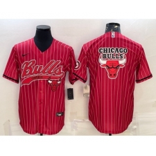 Men's Chicago Bulls Blank Red Pinstripe Team Big Logo With Patch Cool Base Stitched Baseball Jersey