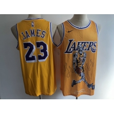 Men's Los Angeles Lakers #23 Lebron James Yellow Skull Stitched Basketball Jersey