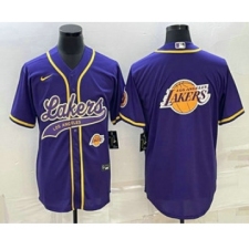 Men's Los Angeles Lakers Purple Team Big Logo With Cool Base Stitched Baseball Jersey