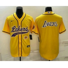 Mens Los Angeles Lakers Yellow Big Logo With Cool Base Stitched Baseball Jersey