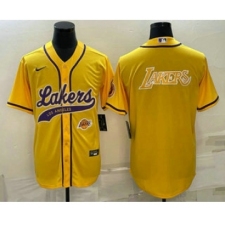 Men's Los Angeles Lakers Yellow Big Logo With Cool Base Stitched Baseball Jerseys