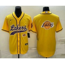 Men's Los Angeles Lakers Yellow Team Big Logo With Cool Base Stitched Baseball Jersey