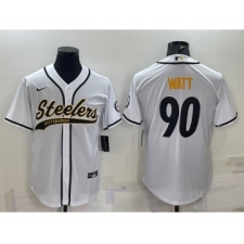 Men's Pittsburgh Steelers #90 TJ Watt White With Patch Cool Base Stitched Baseball Jersey