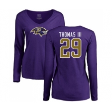 Football Women's Baltimore Ravens #29 Earl Thomas III Purple Name & Number Logo Long Sleeve T-Shirt