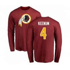 Football Washington Redskins #4 Case Keenum Maroon Name & Number Logo Long Sleeve T-Shirt