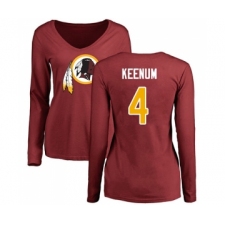 Football Women's Washington Redskins #4 Case Keenum Maroon Name & Number Logo Long Sleeve T-Shirt