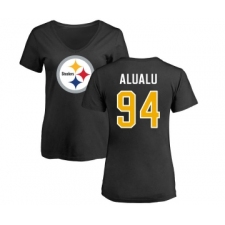 Football Women's Pittsburgh Steelers #94 Tyson Alualu Black Name & Number Logo Slim Fit T-Shirt