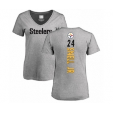 Women's Pittsburgh Steelers #24 Benny Snell Jr. Ash Backer V-Neck T-Shirt