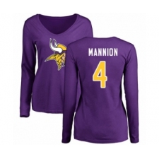 Football Women's Minnesota Vikings #4 Sean Mannion Purple Name & Number Logo Slim Fit Long Sleeve T-Shirt