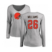 Football Women's Cleveland Browns #26 Greedy Williams Ash Name & Number Logo Long Sleeve T-Shirt