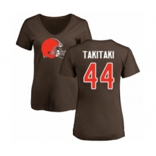 Football Women's Cleveland Browns #44 Sione Takitaki Brown Name & Number Logo T-Shirt