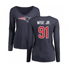 Football Women's New England Patriots #91 Deatrich Wise Jr Navy Blue Name & Number Logo Slim Fit Long Sleeve T-Shirt