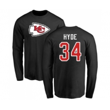 Football Kansas City Chiefs #34 Carlos Hyde Black Name & Number Logo Long Sleeve T-Shirt