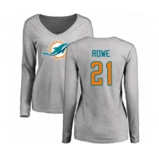 Football Women's Miami Dolphins #21 Eric Rowe Ash Name & Number Logo Long Sleeve T-Shirt