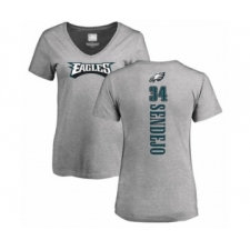 Women's Philadelphia Eagles #34 Andrew Sendejo Ash Backer V-Neck T-Shirt