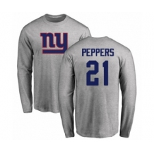 Football New York Giants #21 Jabrill Peppers Ash Name & Number Logo Long Sleeve T-Shirt