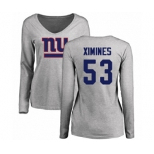 Football Women's New York Giants #53 Oshane Ximines Ash Name & Number Logo Long Sleeve T-Shirt