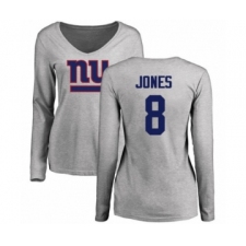 Football Women's New York Giants #8 Daniel Jones Ash Name & Number Logo Long Sleeve T-Shirt