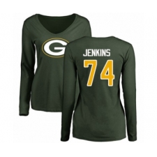 Football Women's Green Bay Packers #74 Elgton Jenkins Green Name & Number Logo Long Sleeve T-Shirt
