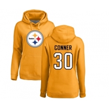Football Women's Pittsburgh Steelers #30 James Conner Gold Name & Number Logo Pullover Hoodie