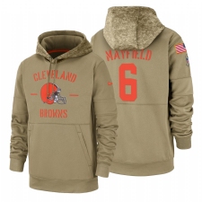 Men's Cleveland Browns Baker Mayfield #6 2019 Salute to Service Tan Sideline Therma Pullover Hoodie