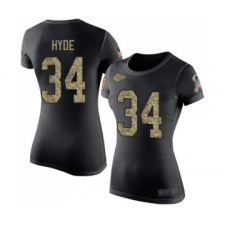 Football Women's Kansas City Chiefs #34 Carlos Hyde Black Camo Salute to Service T-Shirt