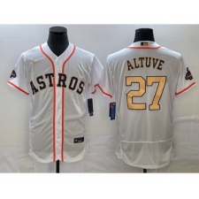 Men's Houston Astros #27 Jose Altuve 2023 White Gold World Serise Champions Flex Base Stitched Jersey