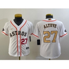 Youth Houston Astros #27 Jose Altuve Number 2023 White Gold World Serise Champions Cool Base Stitched Jersey