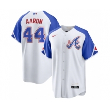 Men's Atlanta Braves #44 Hank Aaron White 2023 City Connect Cool Base Stitched Baseball Jersey