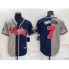Men's Atlanta Braves #7 Dansby Swanson Grey Navy Blue Two Tone Stitched Nike Jersey